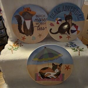 Beach Cats Decorative Melamine Plates - Set of 3 - Pastel Blue/Tan